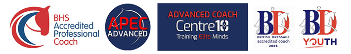 BHS Accredited Professional coach, APEC Advanced, Centre10 Advanced Coach, British Dressage Accredited Coach and British Dressage Youth Accredited.